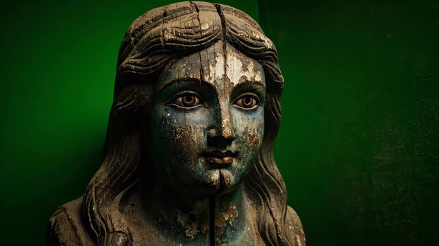 Distressed wooden female figurehead with green background detail