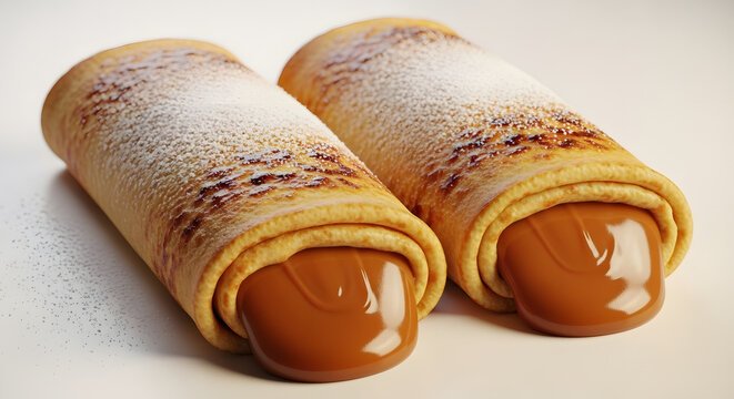 Rolled Argentinian panqueques filled with dulce de leche and dusted with powdered sugar isolated on white