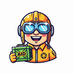 Fototapeta premium Emergency responder in helmet and goggles holding aid packets