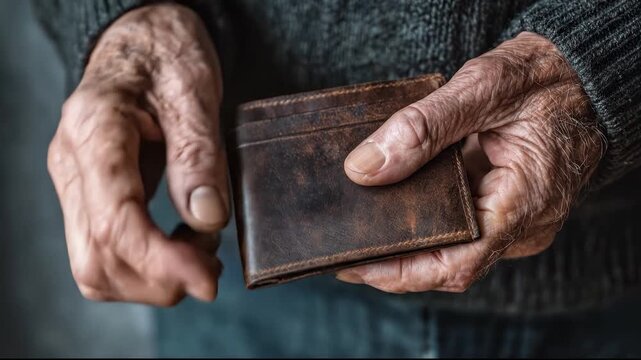 Elderly man hands holding embossed leather wallet