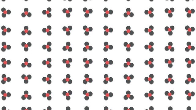 Small bundles of atoms or flowers move in neat rows from top to bottom.