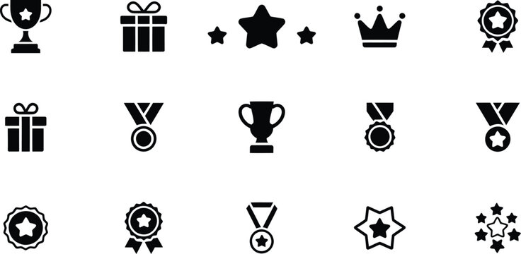 Vector awards and achievement solid icons including trophy medal star and winner crown