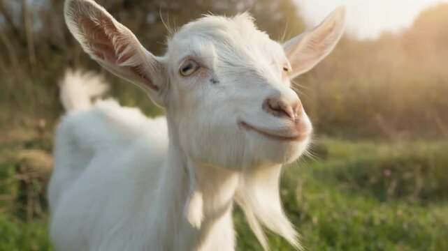 Playful goat enjoying sunshine in vibrant green meadow with joyful bleats and natural outdoor scenery
