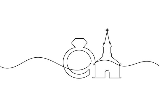 Wedding Ring and Church Building One Line Art darwing Traditional Marriage Ceremony Minimalist Vector Illustration