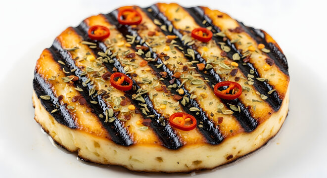 Grilled provoleta cheese with herbs and chili flakes isolated on white background