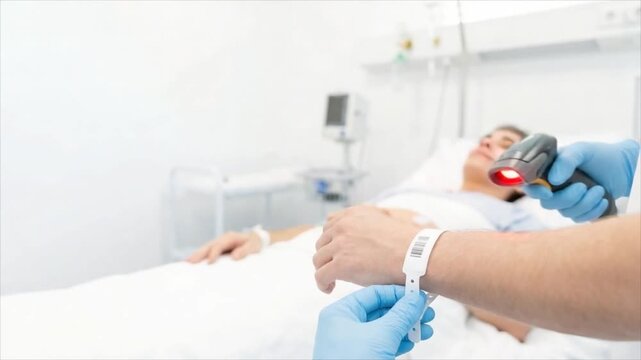Nurse scanning patient wristband in a hospital ward. Medical specialist identifying the man in a bed using digital barcode scanner for safe treatment process.
