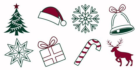 christmas icons including tree, hat, snowflake, bell, gift, candy cane, and reindeer Vector © Tonni