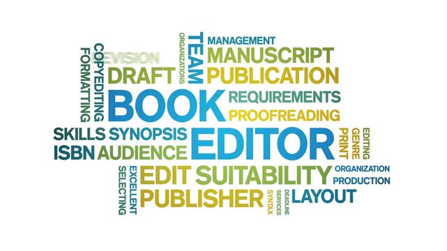 Book Editor animated word cloud-text design animation tag kinetic typography seamless loop.