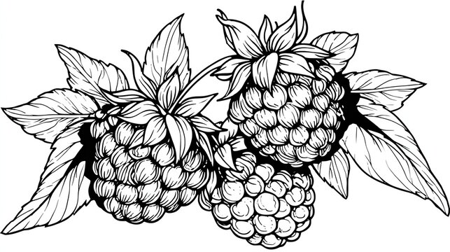Black and white illustration of raspberries and leaves showing botanical detail