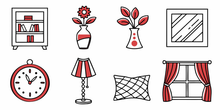 a collection of red and white home decor items Vector