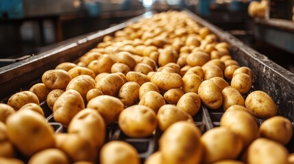 Fresh Potatoes on a Conveyor Belt at a Food Processing Facility.