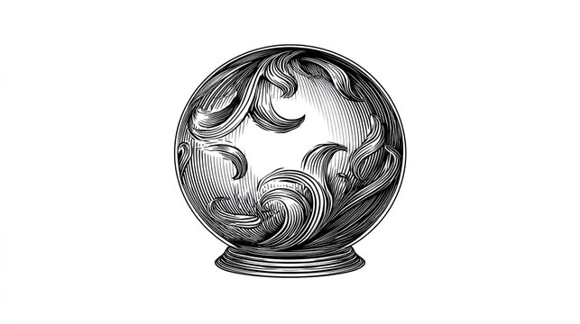 Intricate engraved globe with floral ornamentation on white background