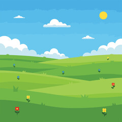 Fototapeta premium Pixelated illustration of a sunny landscape with grassy hills and colorful flowers
