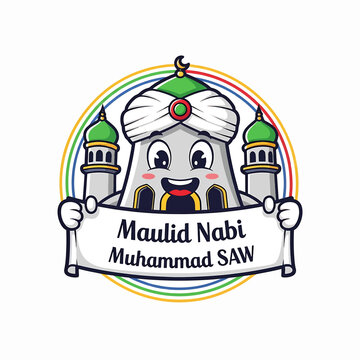 Maulid Nabi Muhammad SAW Cartoon Mosque Character with Banner