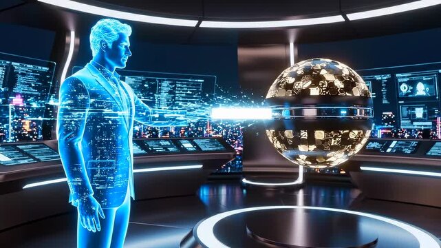 Holographic operator commanding levitating data sphere inside control room, glowing consoles and panoramic screens show realtime city analytics, immersive command center mood.