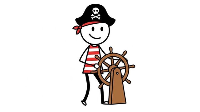 Simple cartoon stick figure pirate steering a ship's wheel against a white background
