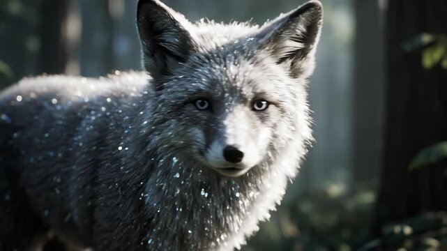 Gray fox portrait in a sunlit forest with bokeh highlights, closeup