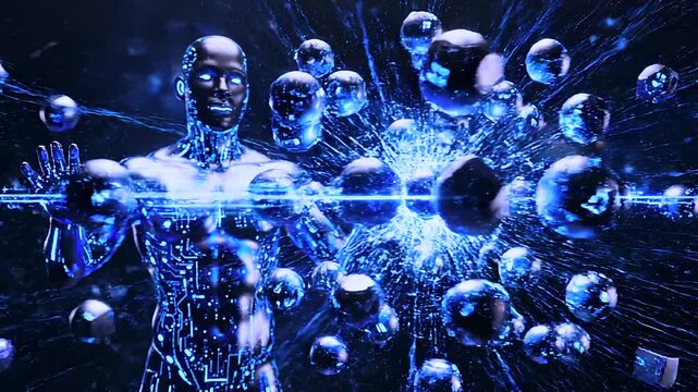 Android scientist creates glowing energy. Cyborg researcher harnesses neon fusion energy. Black cyborg scientist manipulates particles into vibrant fusion bursts with neon and holograms