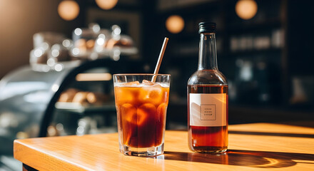 Iced Coffee Glass with Ice and Small Syrup Bottle on Wooden Table in Cafe