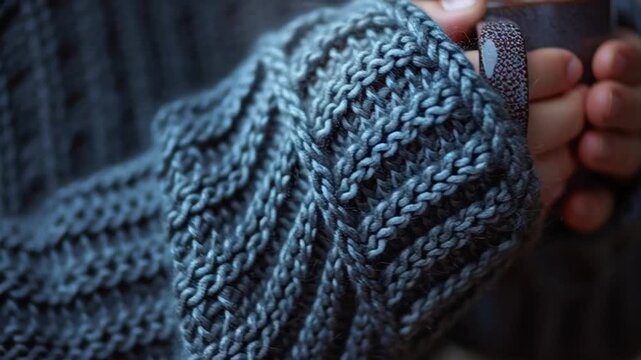 A person holds a hot beverage in their hand wearing a knitted sweater.