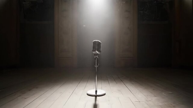 Vintage theater with microphone on stage and rows of empty seats