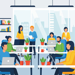 Naklejka premium Modern office scene with employees working on laptops, plants, and coffee