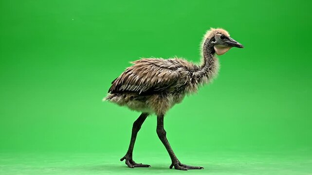 A fluffy brown emu chick with long legs walks against a vibrant green background.