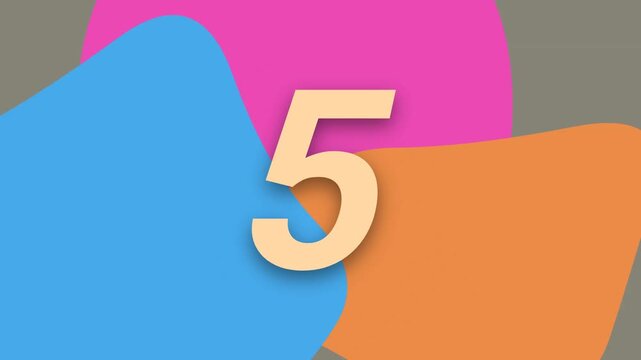 Animated 10 to 1 colorful countdown timer over vibrant abstract shapes on a grey background