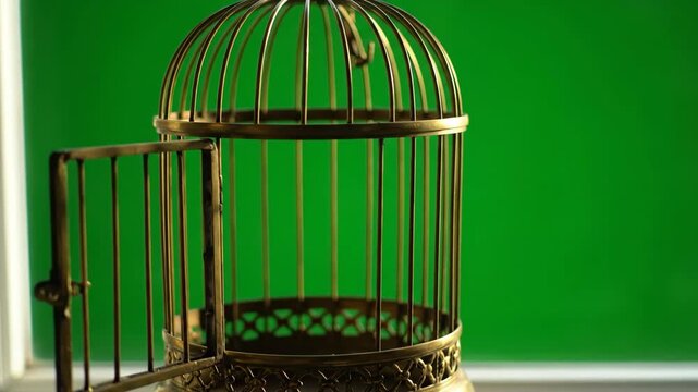 Open birdcage with green screen, representing freedom or captivity
