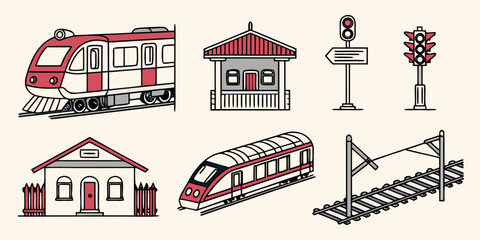 a set of train station and railway elements Vector © Rajiya