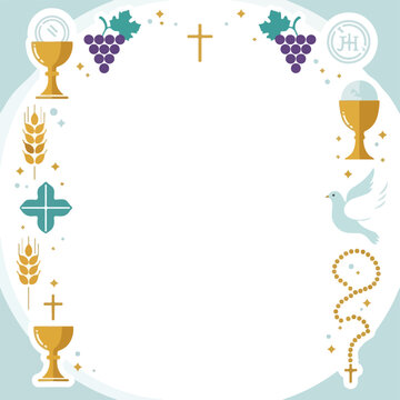 Religious themed frame with chalices, cross, doves, and grapes