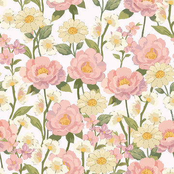Beautiful watercolor pink rose and cream floral flower seamless pattern
