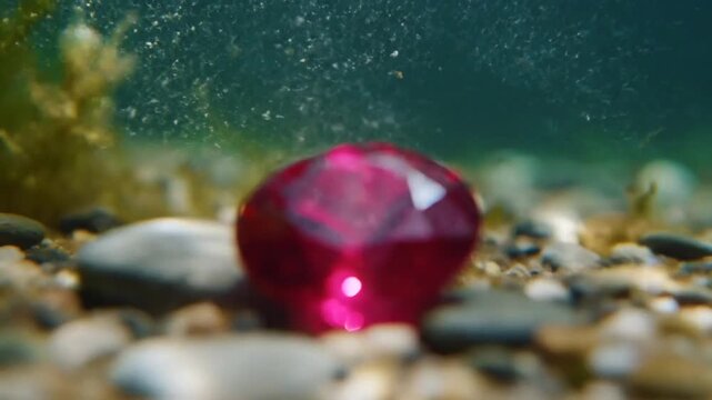 Deep Underwater Close-up of a Sparkling Red Ruby Gemstone Resting on Pebbles with Bubbles in Motion