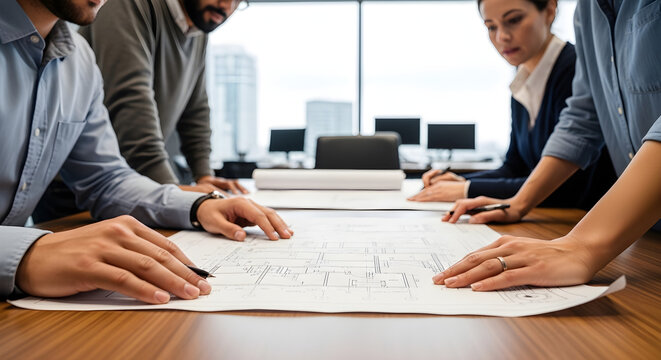 Business Team Reviewing Architectural Blueprints on a Wooden Table