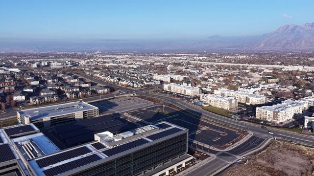 Aerial view of office with solar panels in Midvale, Utah, USA