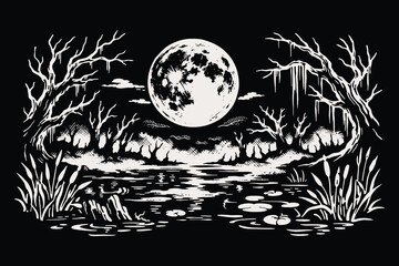 Naklejka premium Mystical swamp night landscape with dead trees and full moon in vintage woodcut style, monochrome vector illustration of wetland scenery on black.