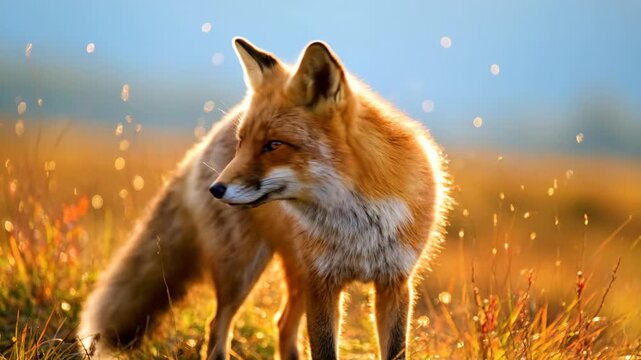 Fox standing in a field of grass in the soft morning light