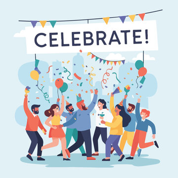 Illustration of a group celebrating with confetti and balloons