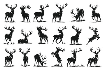 Detailed stag and reindeer silhouette set with large antlers in majestic standing and grazing poses, flat vector illustration for winter and nature themes. © Chairul
