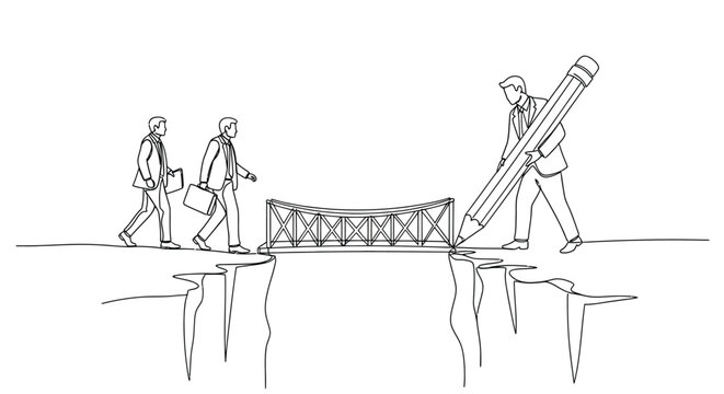 Businessman drawing a bridge over a gap for others to cross, solution concept