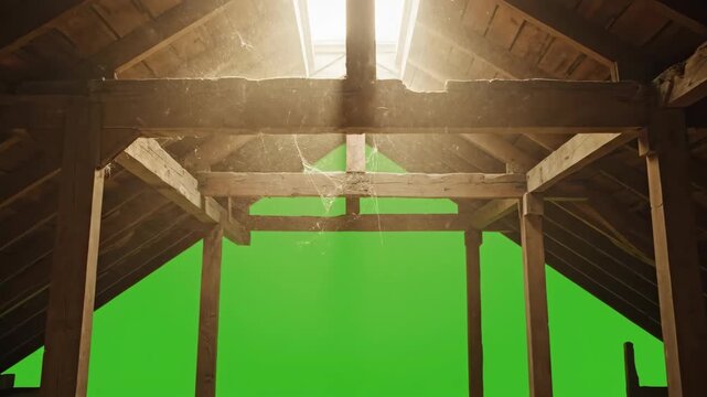 Rustic wooden frame structure with green screen backdrop indoors