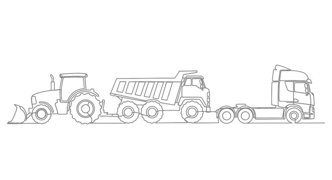 Construction and Transportation Line Art Truck, Tipper, and Tractor