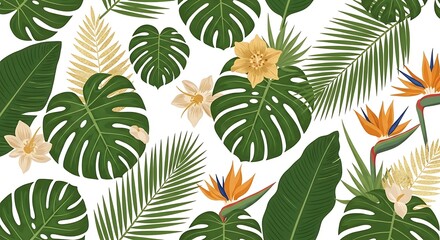 Naklejka premium Tropical leaf and flower pattern with monstera, palm, bird of paradise