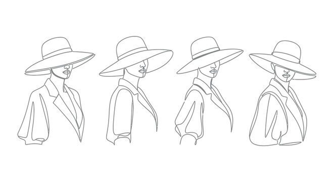 Four stylish women in hats, minimalist line art fashion illustration