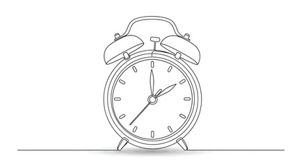 Simple line drawing of an old-fashioned alarm clock, representing time and punctuality © Line Home