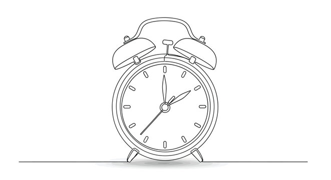 Simple line drawing of an old-fashioned alarm clock, representing time and punctuality