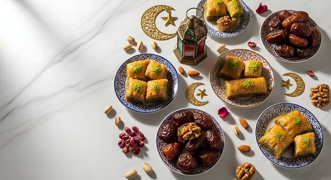 Traditional Middle Eastern desserts and dates on decorative plates and bowls