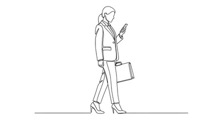 Obraz premium Businesswoman Walking with Briefcase and Phone, One Line Drawing