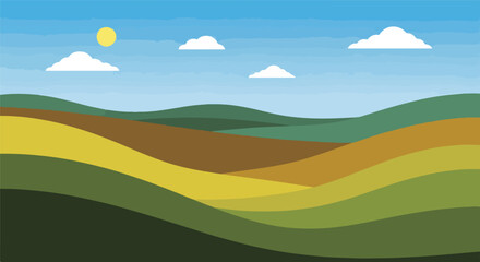 Fototapeta premium Pixelated landscape depicting hills, clouds, sun and sky