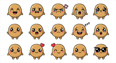 Obraz premium Cute Potato Character Emote Sticker Set, Kawaii Vegetable Mascot Emoji Pack, Cartoon Funny Food Reaction Icons Vector